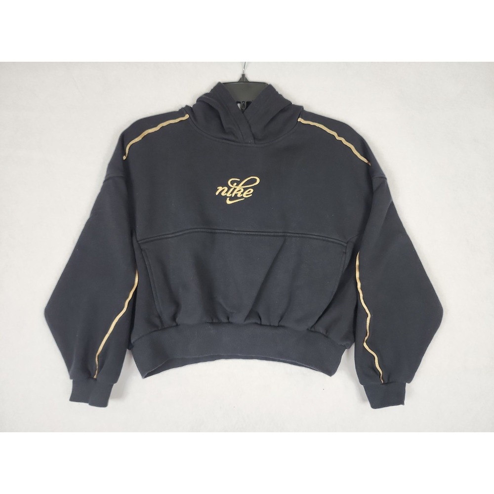 Nike Hoodie Sweatshirt Youth M Black Gold Trim Embroidery Logo Long Sleeve Girls
